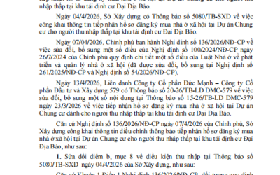 Công khai thông tin điều chỉnh thông báo tiếp nhận hồ sơ đăng ký mua nhà ở xã hội tại Dự án Chung cư cho người thu nhập thấp tại kho tái định cứ Đại Địa Bảo