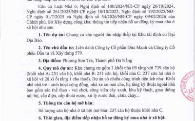 Thông báo công khai thông tin tiếp nhận hồ sơ đăng ký mua nhà ở xã hội tại Dự án Chung cư cho người thu nhập thấp tại khu tái định cư Đại Địa Bảo