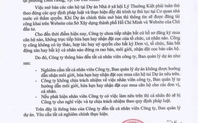 Thông báo V/v nghiêm cấm tất cả nhân viên Công ty, Ban quản lý dự án không được hướng dẫn nhận môi giới, hứa hẹn hay nhận đặt cọc mua căn hộ tại Dự án nhà ở xã hội Lý Thường Kiệt